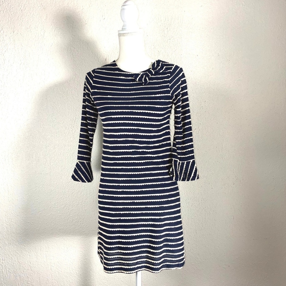 Marmellata Navy Blue White Striped Bow Bell Sleeve Dress Size 14 53319644